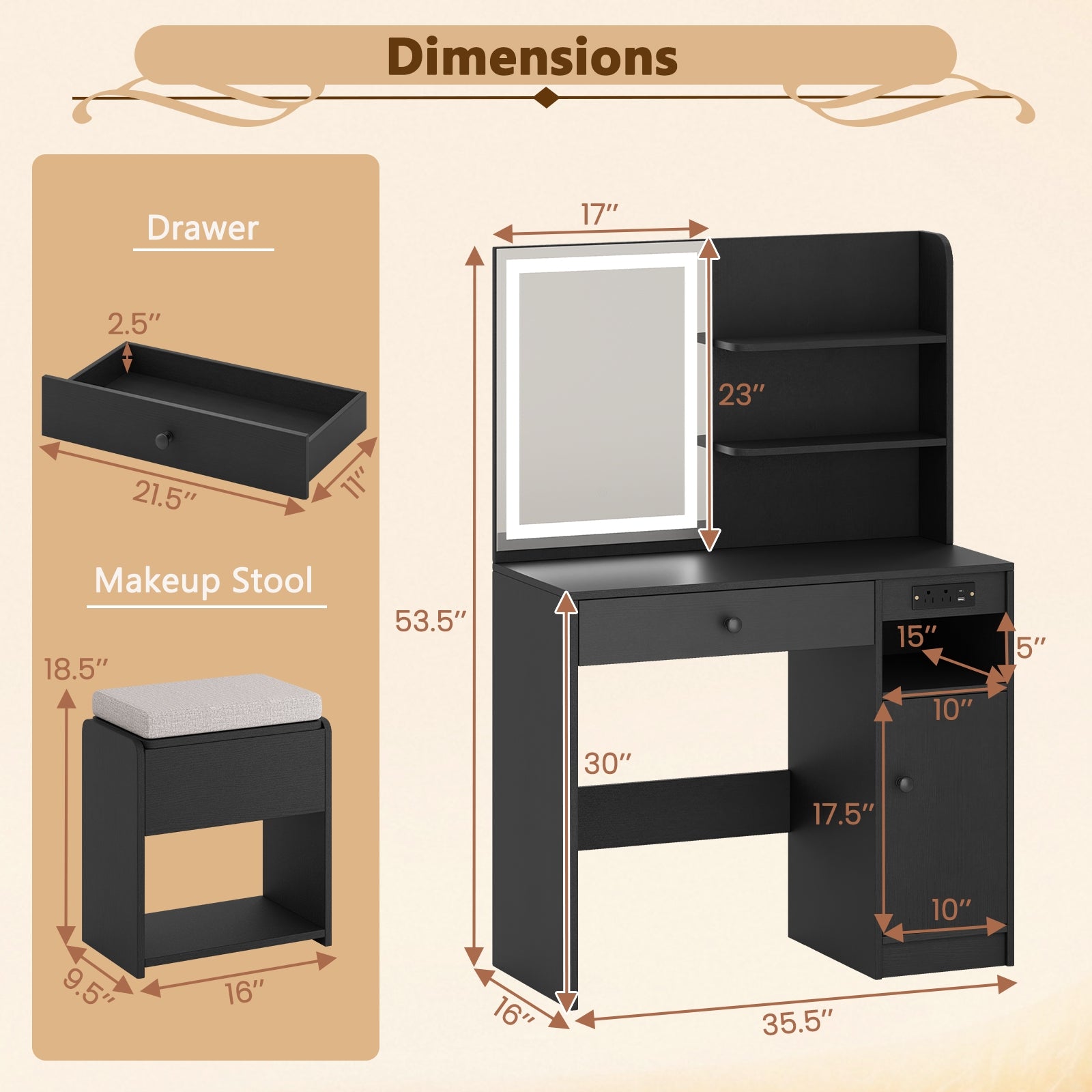 Vanity Desk with Mirror and Lights, Black Makeup Vanities at Gallery Canada