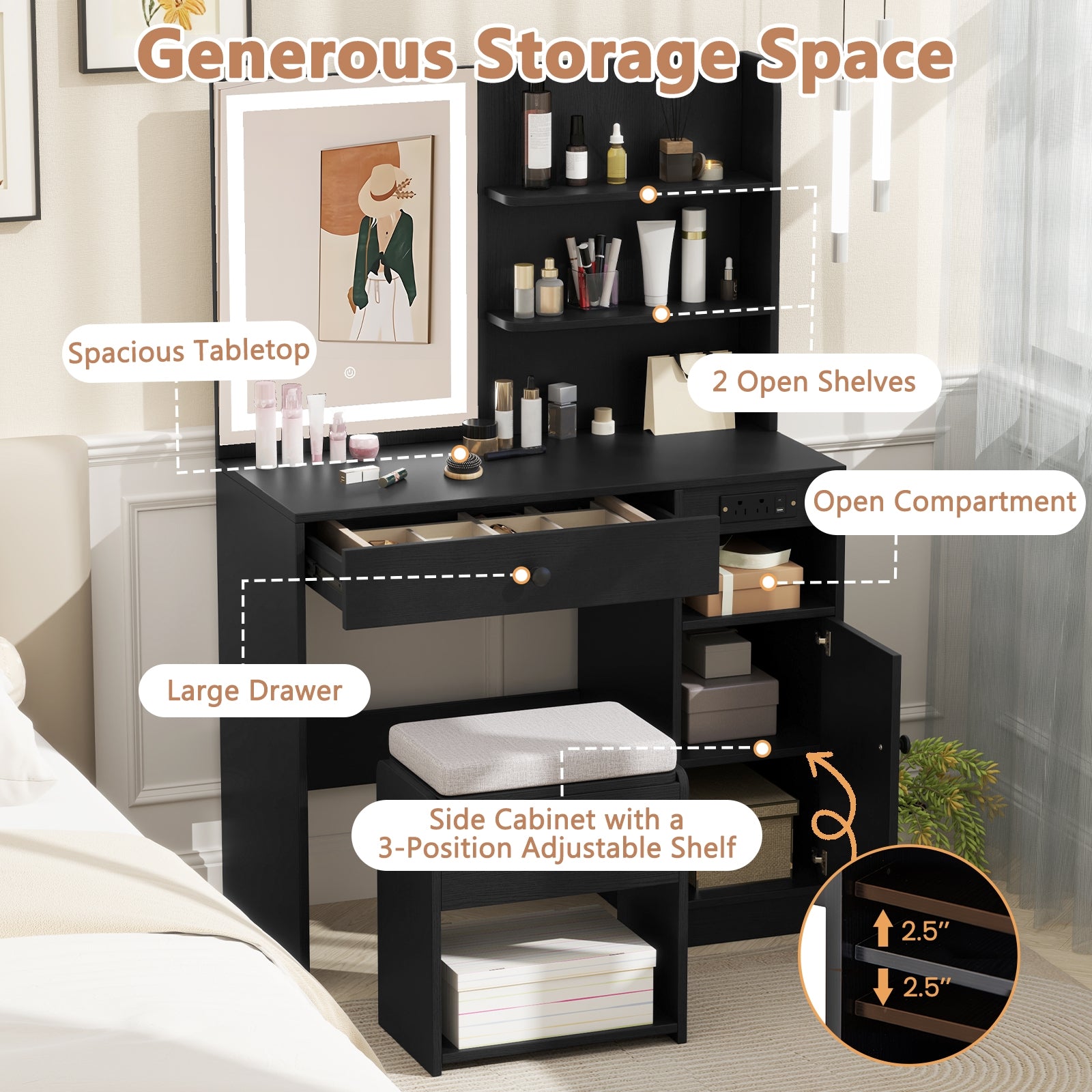 Vanity Desk with Mirror and Lights, Black Makeup Vanities at Gallery Canada