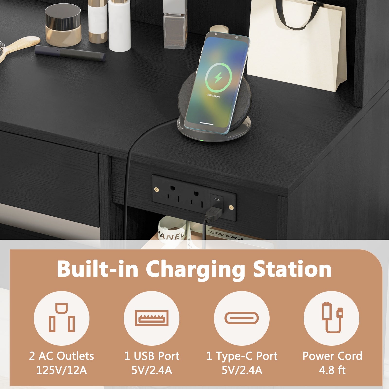 Vanity Desk with Mirror and Lights, Black Makeup Vanities at Gallery Canada