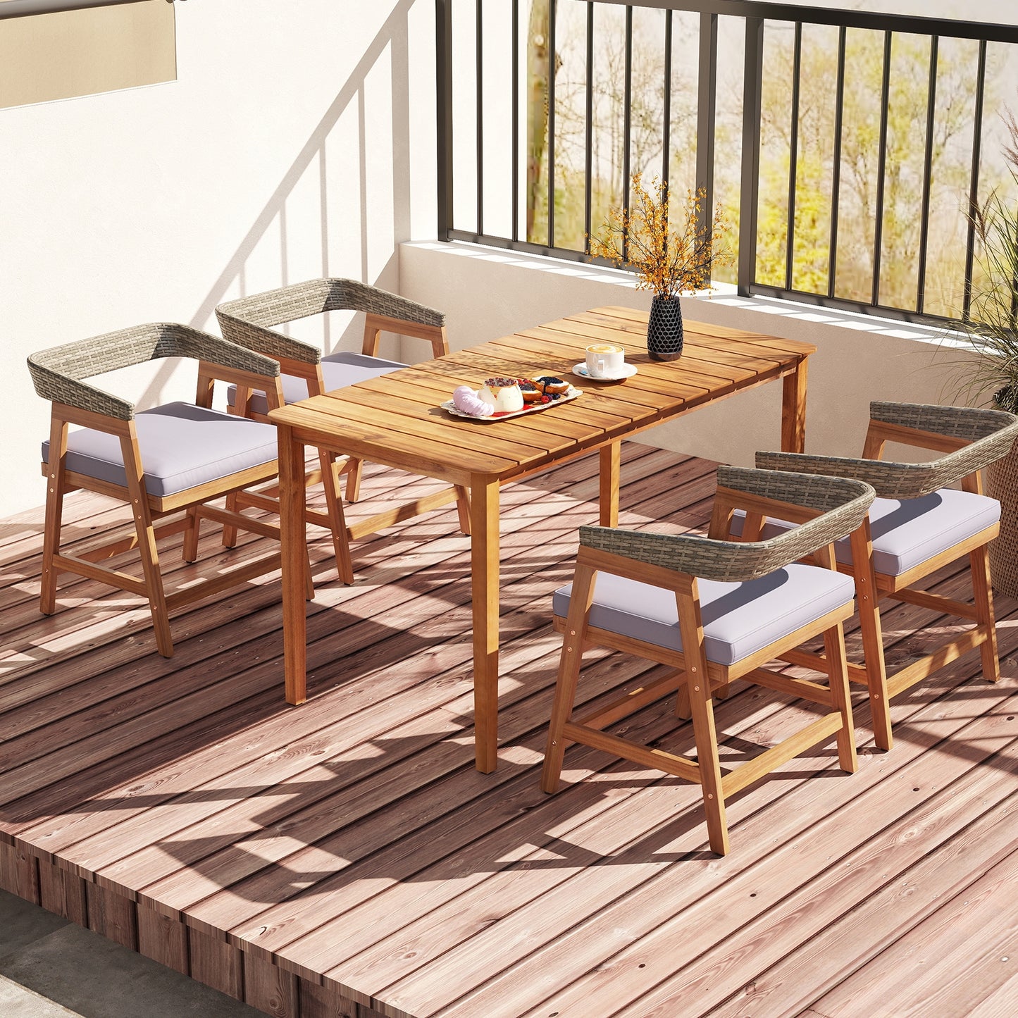 5 Piece Patio Dining Set Solid Wood with Rattan Backrest and Cushions, Gray Patio Dining Sets at Gallery Canada