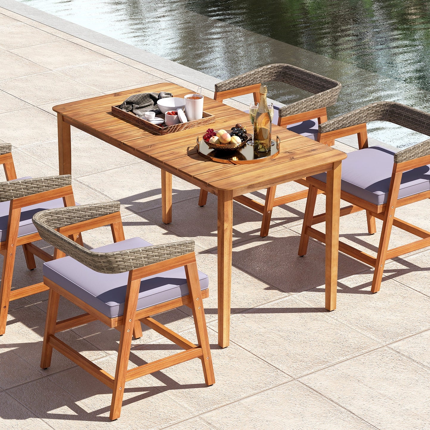 5 Piece Patio Dining Set Solid Wood with Rattan Backrest and Cushions, Gray Patio Dining Sets at Gallery Canada