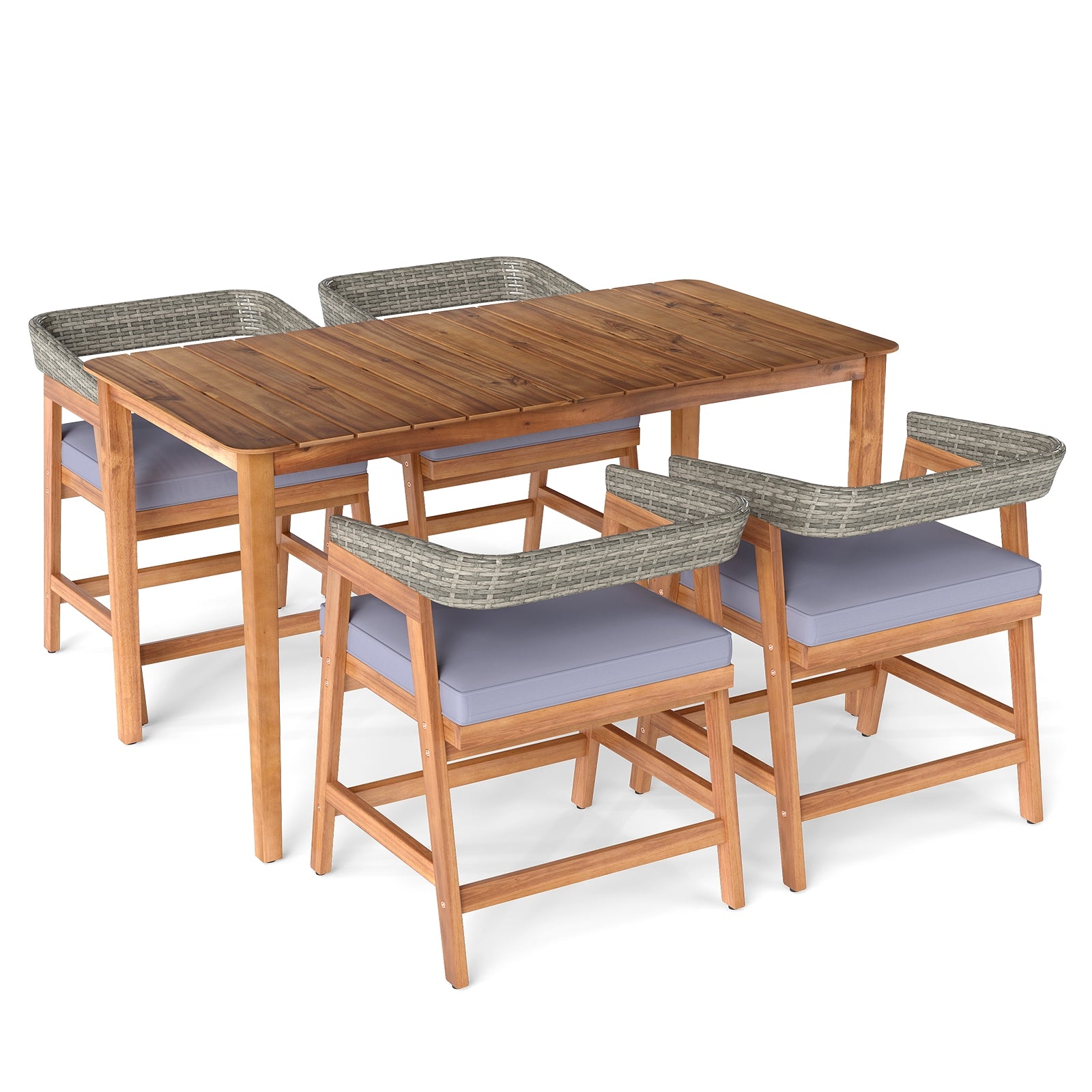 5 Piece Patio Dining Set Solid Wood with Rattan Backrest and Cushions, Gray Patio Dining Sets Gray at Gallery Canada