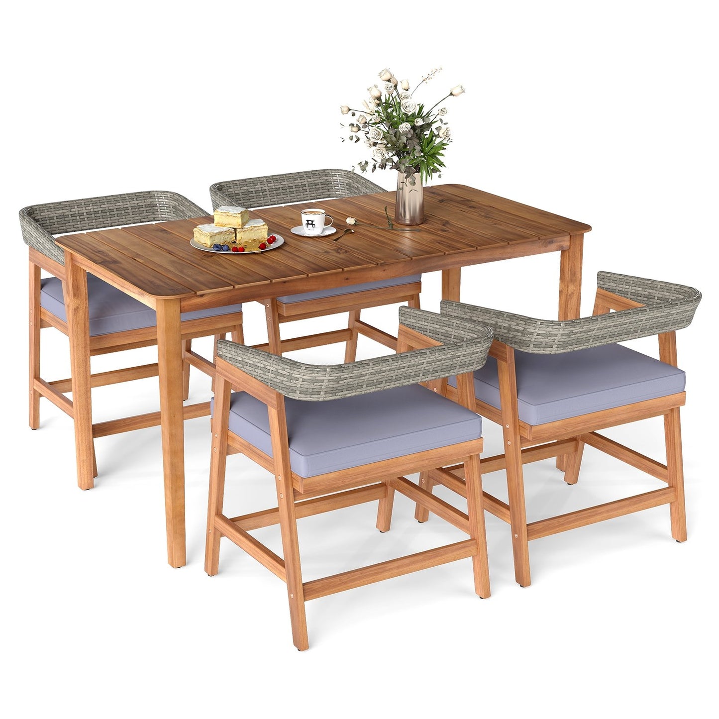 5 Piece Patio Dining Set Solid Wood with Rattan Backrest and Cushions, Gray Patio Dining Sets at Gallery Canada