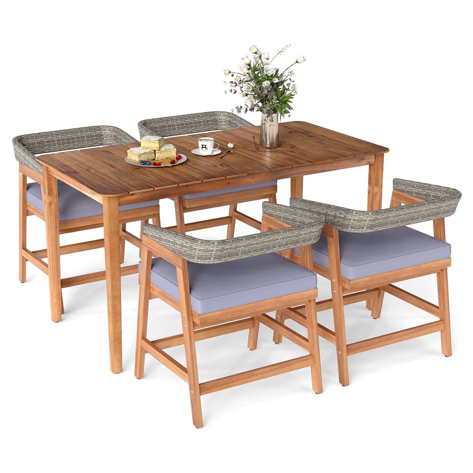 5 Piece Patio Dining Set Solid Wood with Rattan Backrest and Cushions, Gray Patio Dining Sets at Gallery Canada