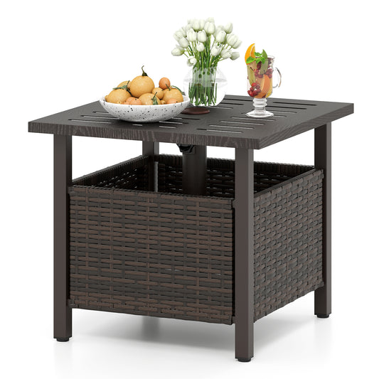 Outdoor Side Table All-Weather PE Wicker Patio Table with Umbrella Hole, Brown Patio Coffee Tables Brown at Gallery Canada