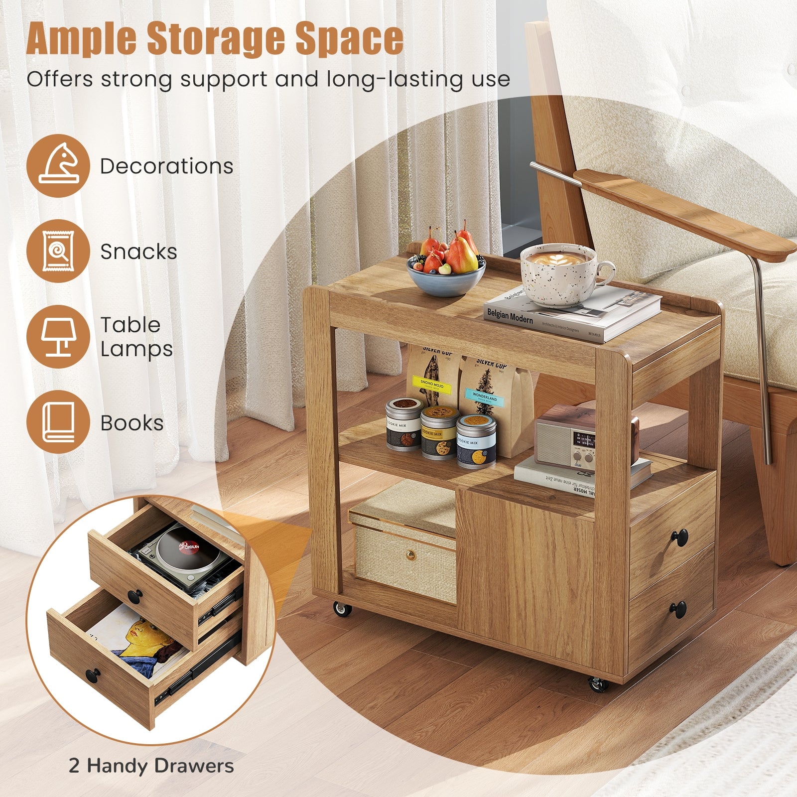 2-Drawer Sofa Side Table with Shelves for Living Room, Natural End & Side Tables at Gallery Canada