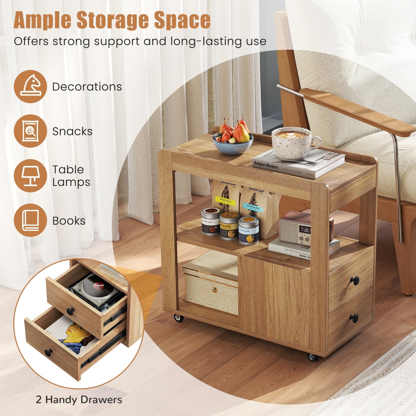 2-Drawer Sofa Side Table with Shelves for Living Room, Natural End & Side Tables at Gallery Canada