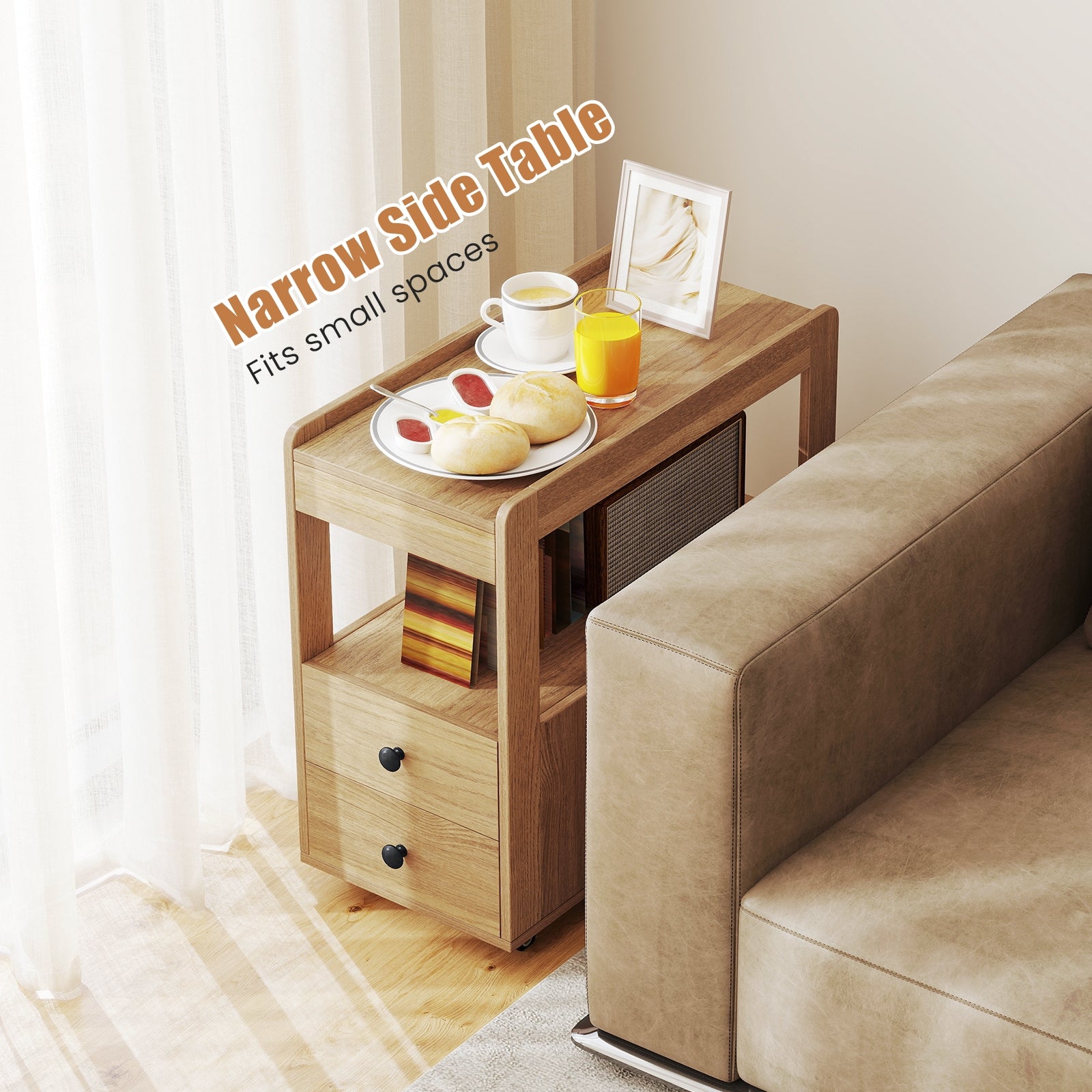 2-Drawer Sofa Side Table with Shelves for Living Room, Natural End & Side Tables at Gallery Canada