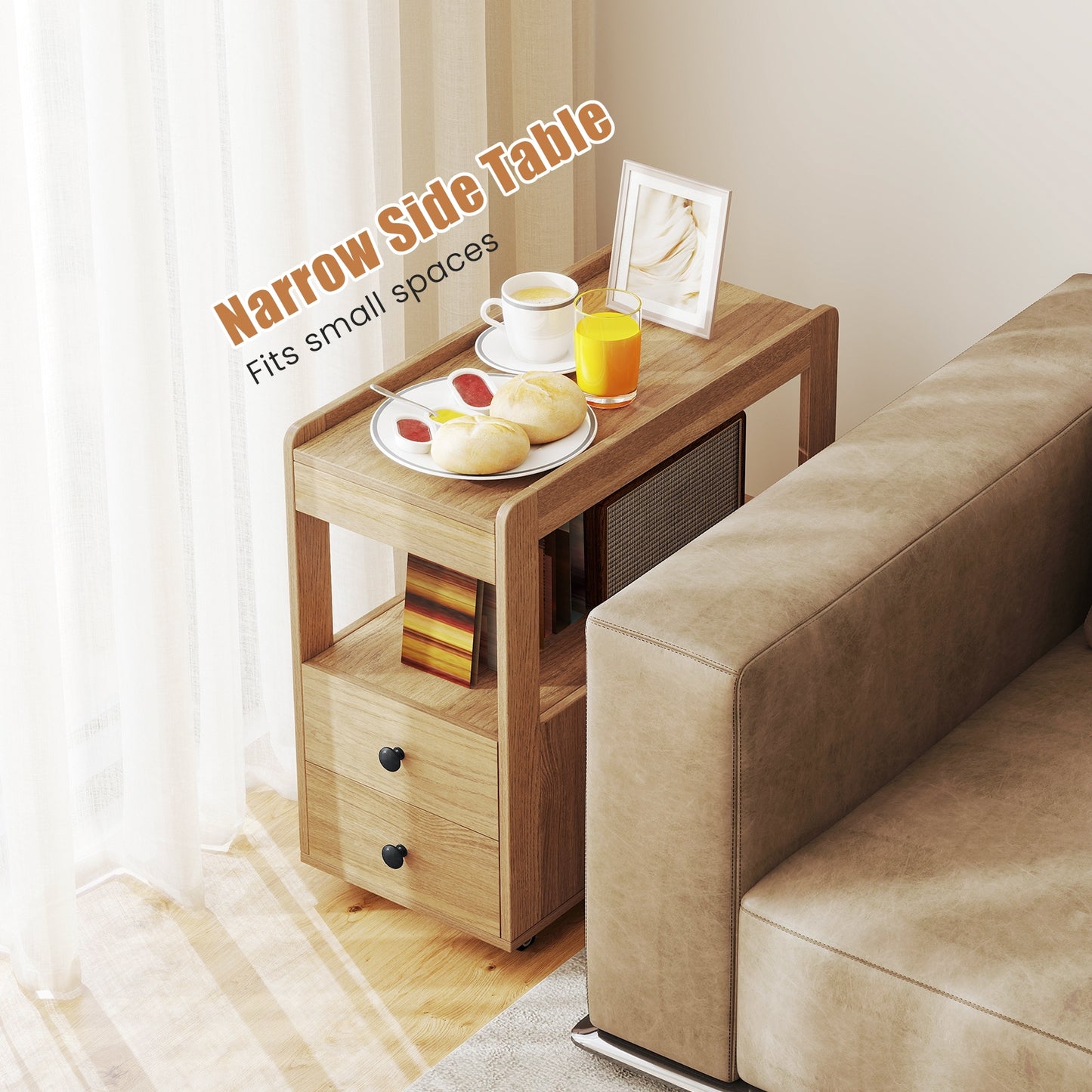 2-Drawer Sofa Side Table with Shelves for Living Room, Natural End & Side Tables at Gallery Canada