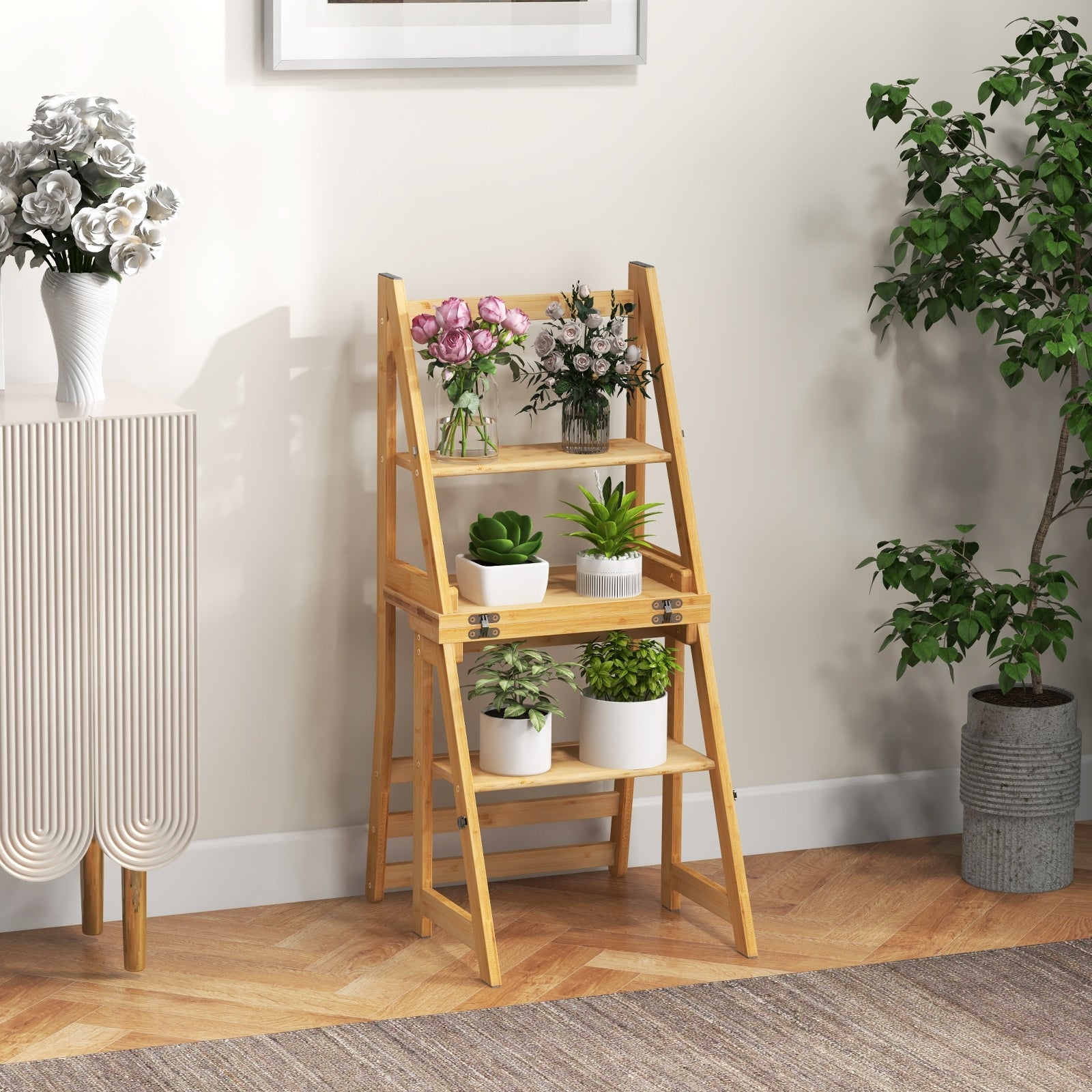 Multifunctional 3-in-1 Ladder Chair Display Plant Stand for Library Kitchen Office, Natural Patio Dining Chairs at Gallery Canada