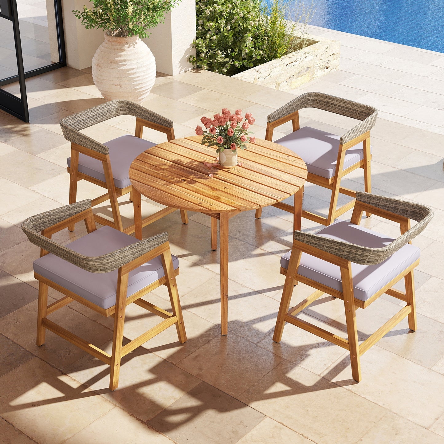 5 Pieces Patio Dining Set with Cushions and PE Rattan Backrest for Garden and Backyard , Gray Patio Dining Sets at Gallery Canada