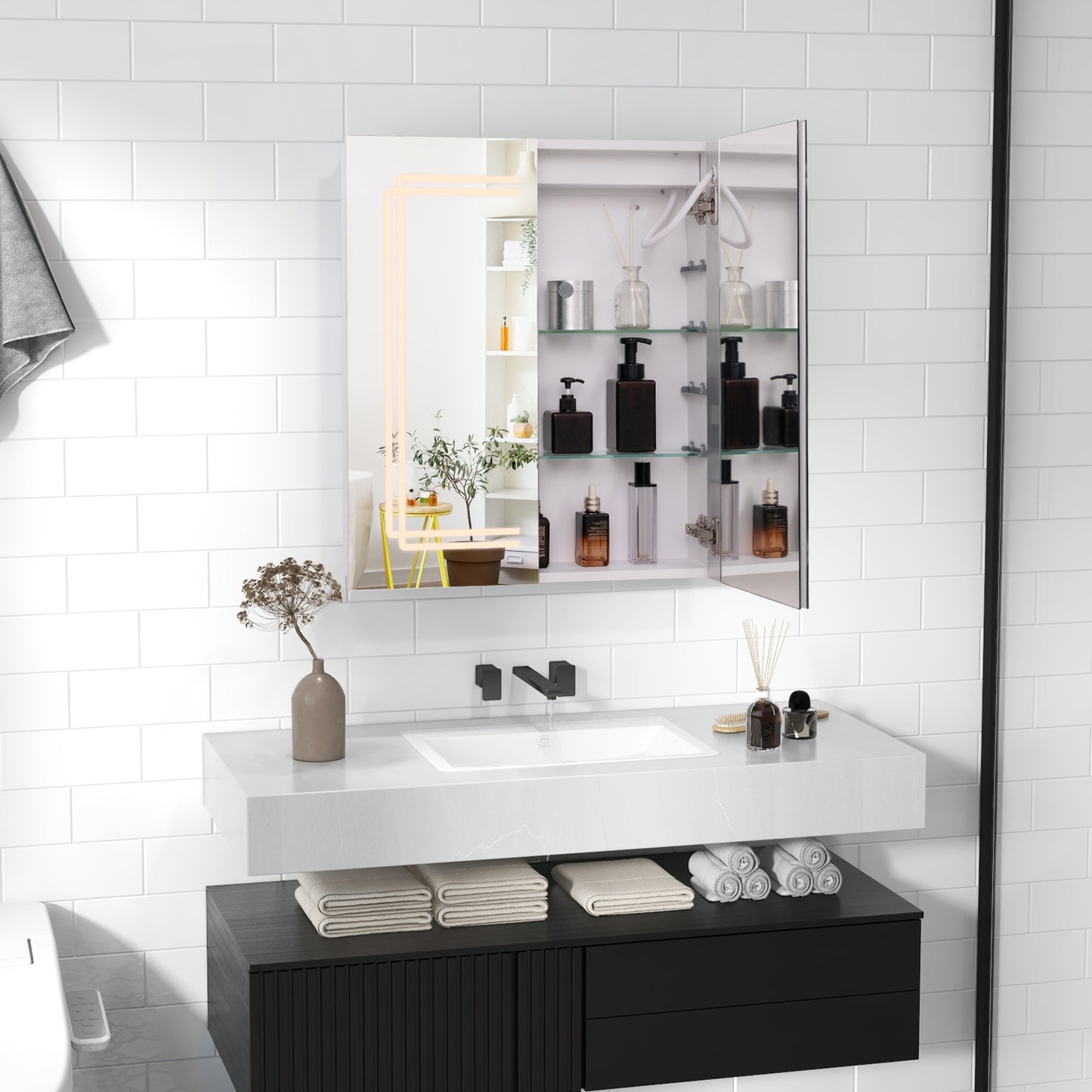 2 Doors Bathroom Mirror Medicine Wall Cabinet with Lights, White Wall Cabinets at Gallery Canada