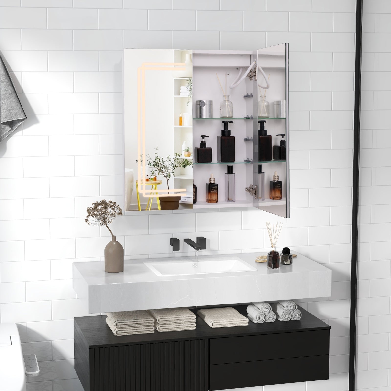 2 Doors Bathroom Mirror Medicine Wall Cabinet with Lights, White Wall Cabinets at Gallery Canada