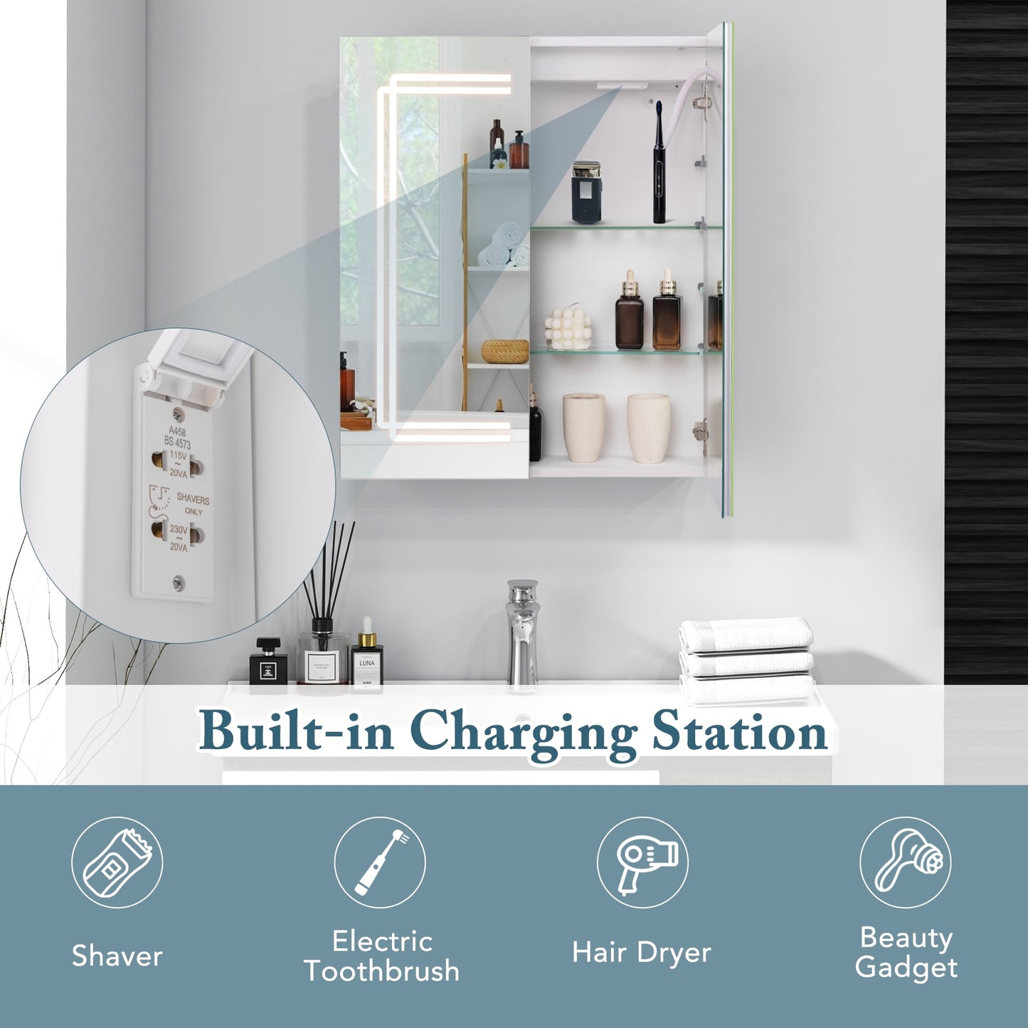 2 Doors Bathroom Mirror Medicine Wall Cabinet with Lights, White Wall Cabinets at Gallery Canada