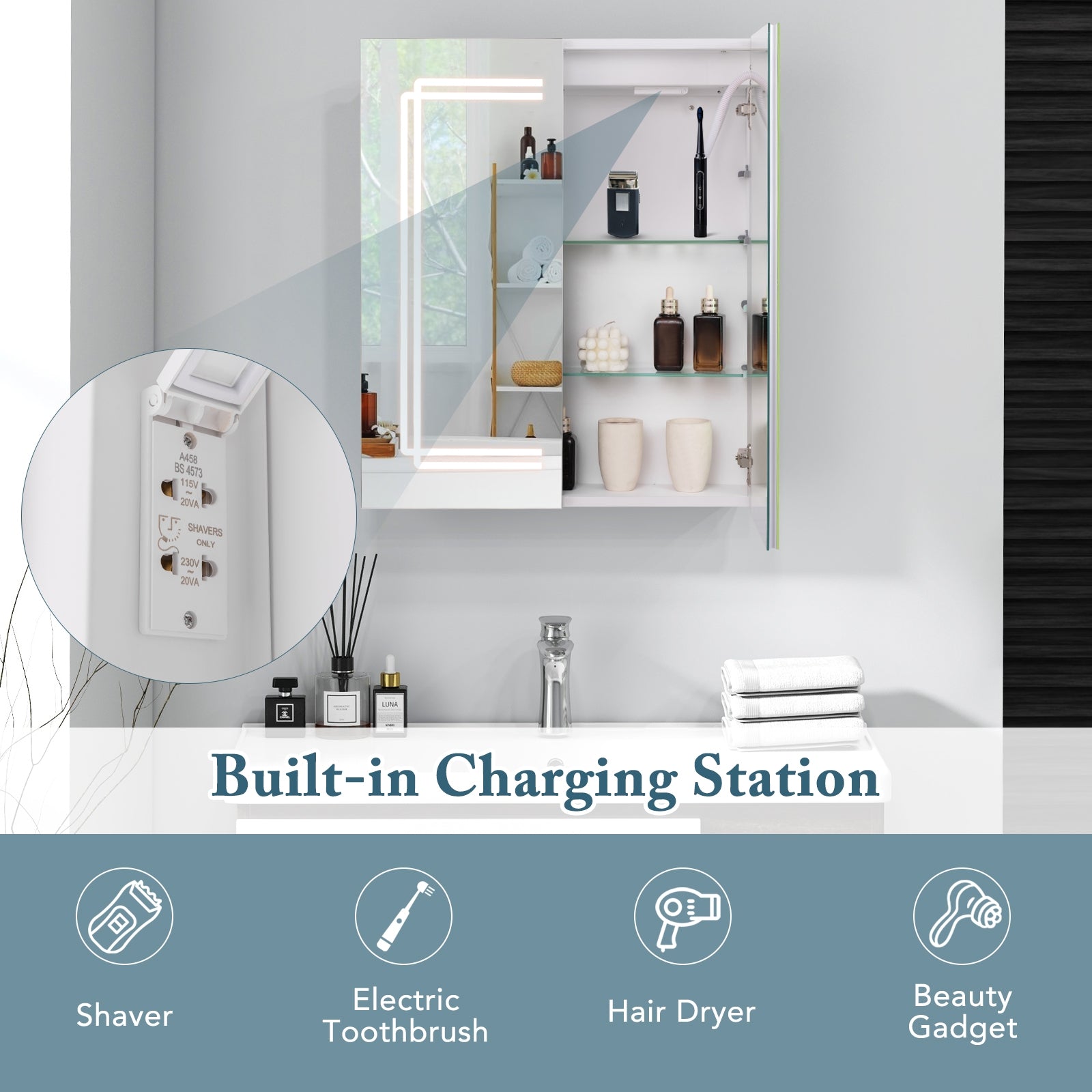 2 Doors Bathroom Mirror Medicine Wall Cabinet with Lights, White Wall Cabinets at Gallery Canada