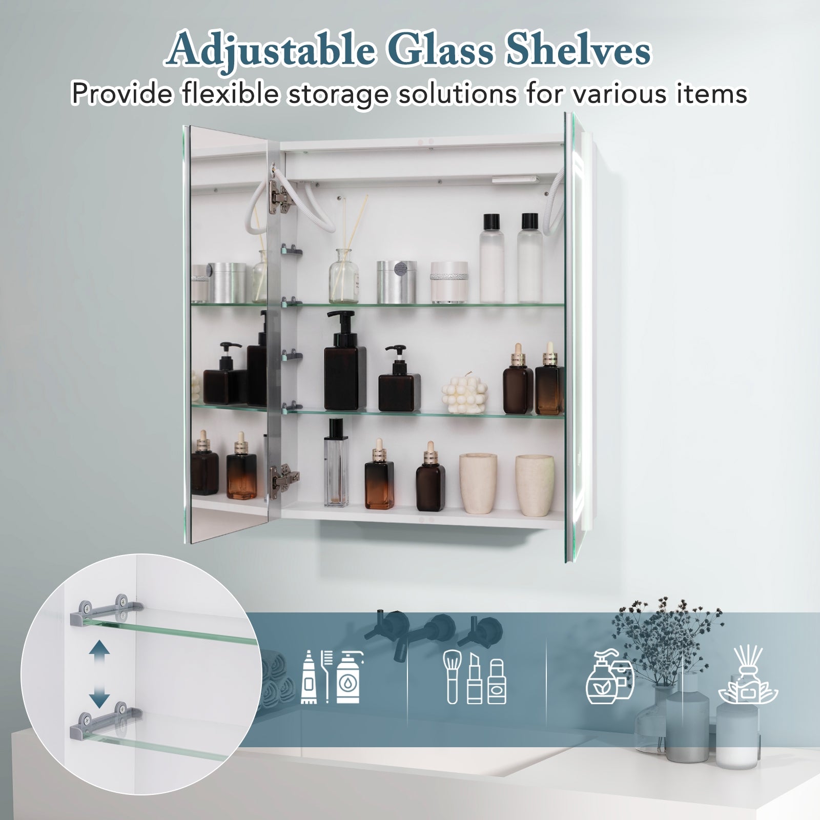 2 Doors Bathroom Mirror Medicine Wall Cabinet with Lights, White Wall Cabinets at Gallery Canada