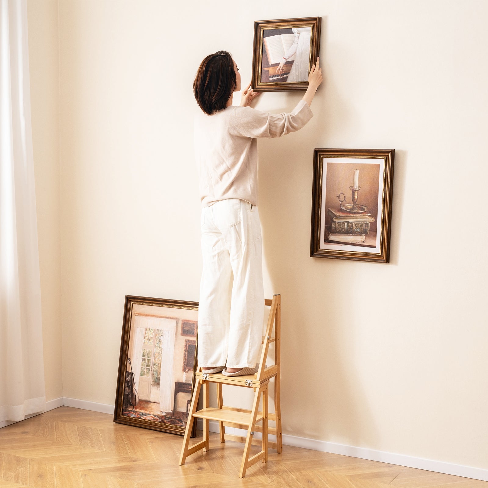 Multifunctional 3-in-1 Ladder Chair Display Plant Stand for Library Kitchen Office, Natural Patio Dining Chairs at Gallery Canada