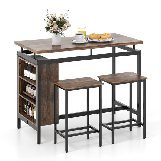 3 Pieces Dining Table Set with 3-Tier Storage Shelf and Metal Frame, Brown - Gallery Canada