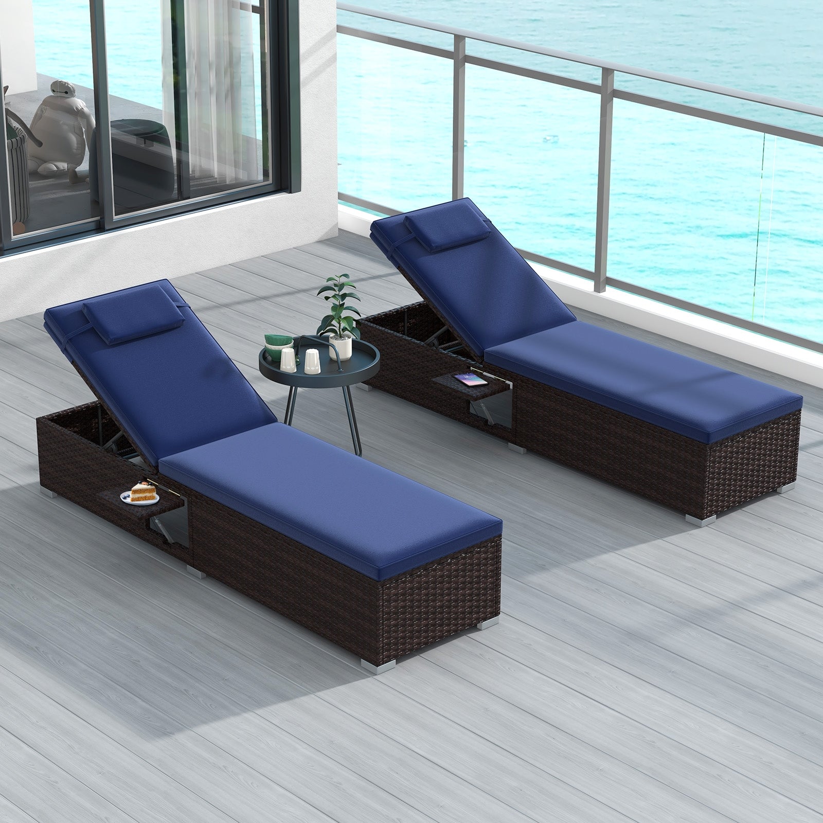 Outdoor PE RattanChaise Lounge with 6-level Backrest, Navy Outdoor Chaise Lounges at Gallery Canada