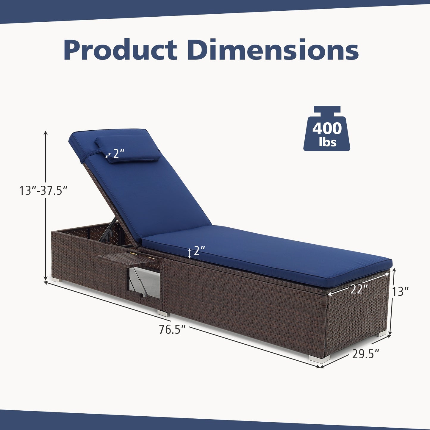 Outdoor PE RattanChaise Lounge with 6-level Backrest, Navy Outdoor Chaise Lounges at Gallery Canada