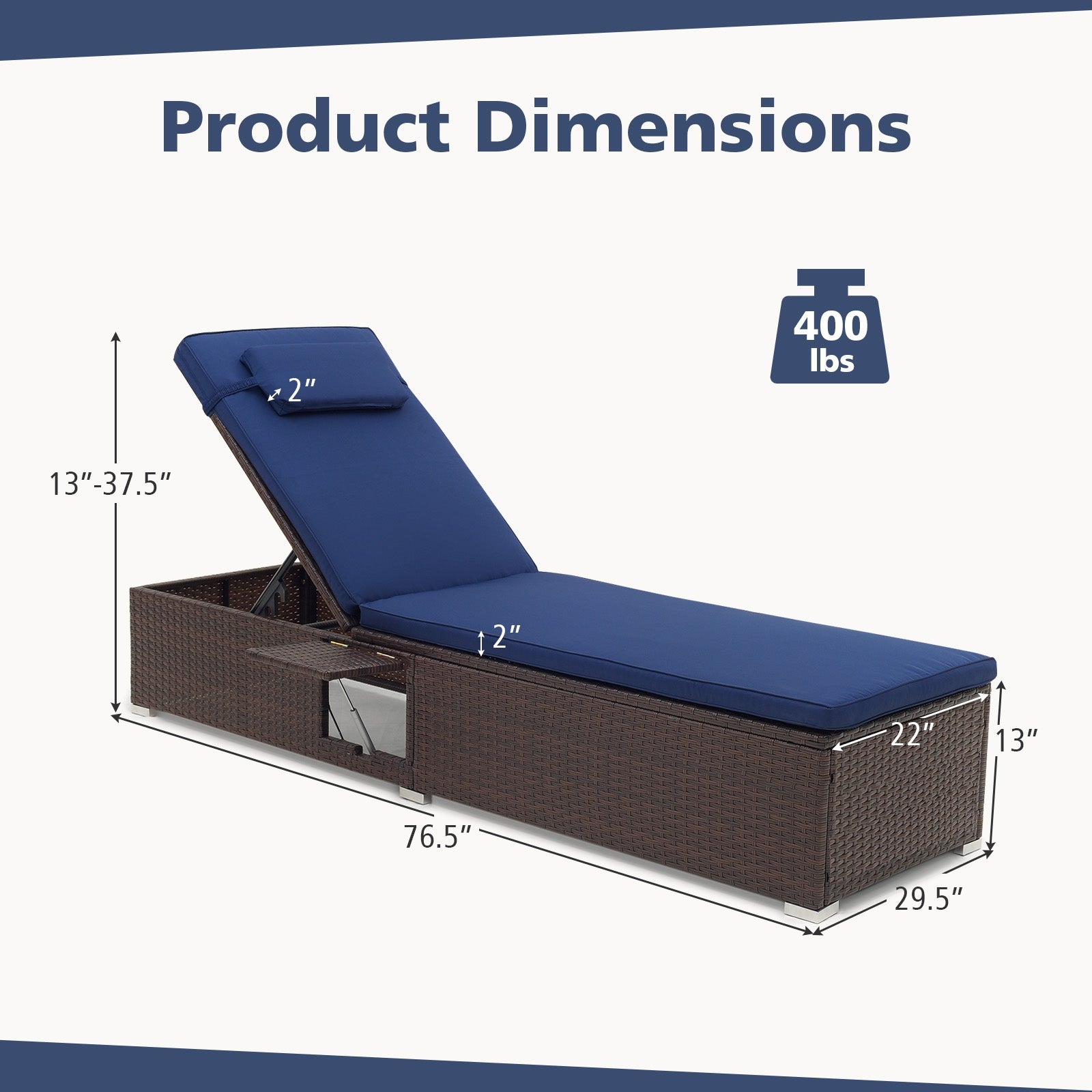 Outdoor PE RattanChaise Lounge with 6-level Backrest, Navy Outdoor Chaise Lounges at Gallery Canada