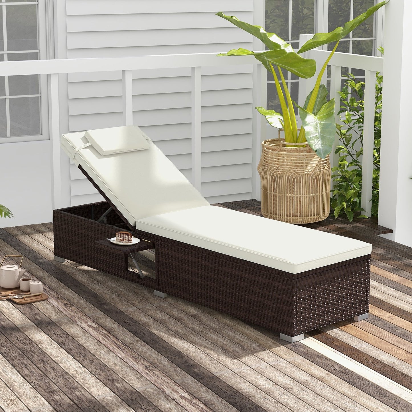 Outdoor PE RattanChaise Lounge with 6-level Backrest, Off White