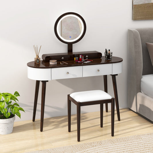 Makeup Vanity Table Set with LED Mirror and 3 Spacious Drawers-White, White-Brown - Gallery Canada