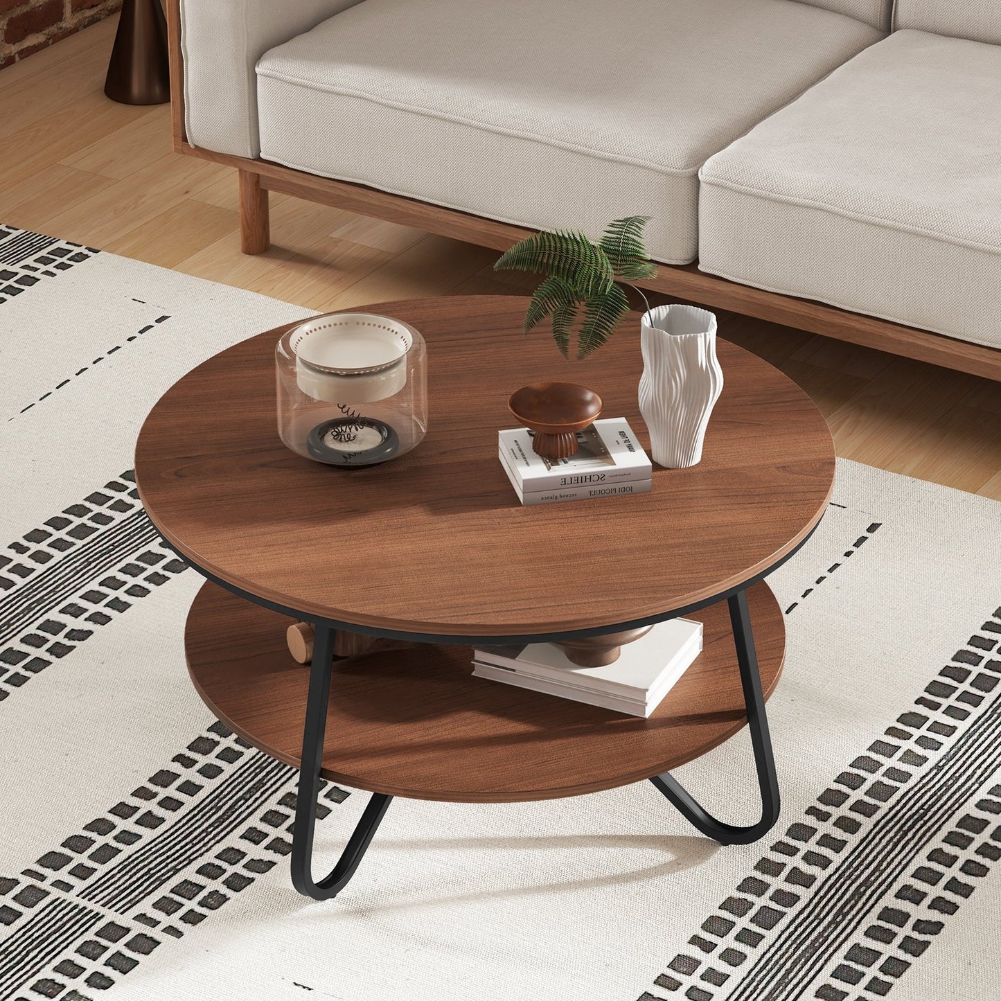 33.5 Inch Round Coffee Table with Wood Grain Finish and Heavy-duty Metal Frame, Walnut Coffee Tables at Gallery Canada