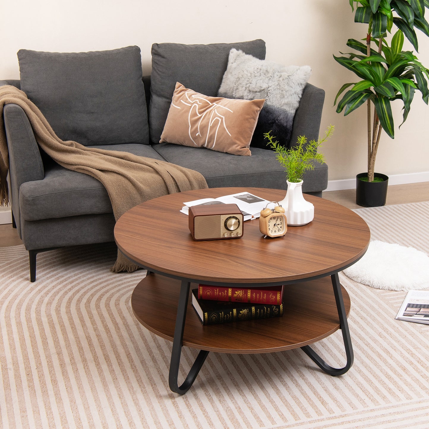 33.5 Inch Round Coffee Table with Wood Grain Finish and Heavy-duty Metal Frame, Walnut Coffee Tables at Gallery Canada