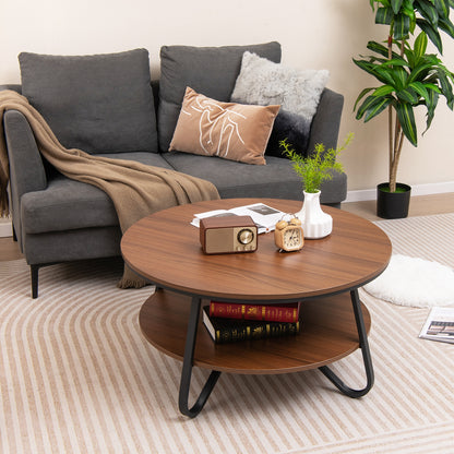33.5 Inch Round Coffee Table with Wood Grain Finish and Heavy-duty Metal Frame, Walnut Coffee Tables at Gallery Canada