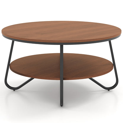 33.5 Inch Round Coffee Table with Wood Grain Finish and Heavy-duty Metal Frame, Walnut Coffee Tables at Gallery Canada