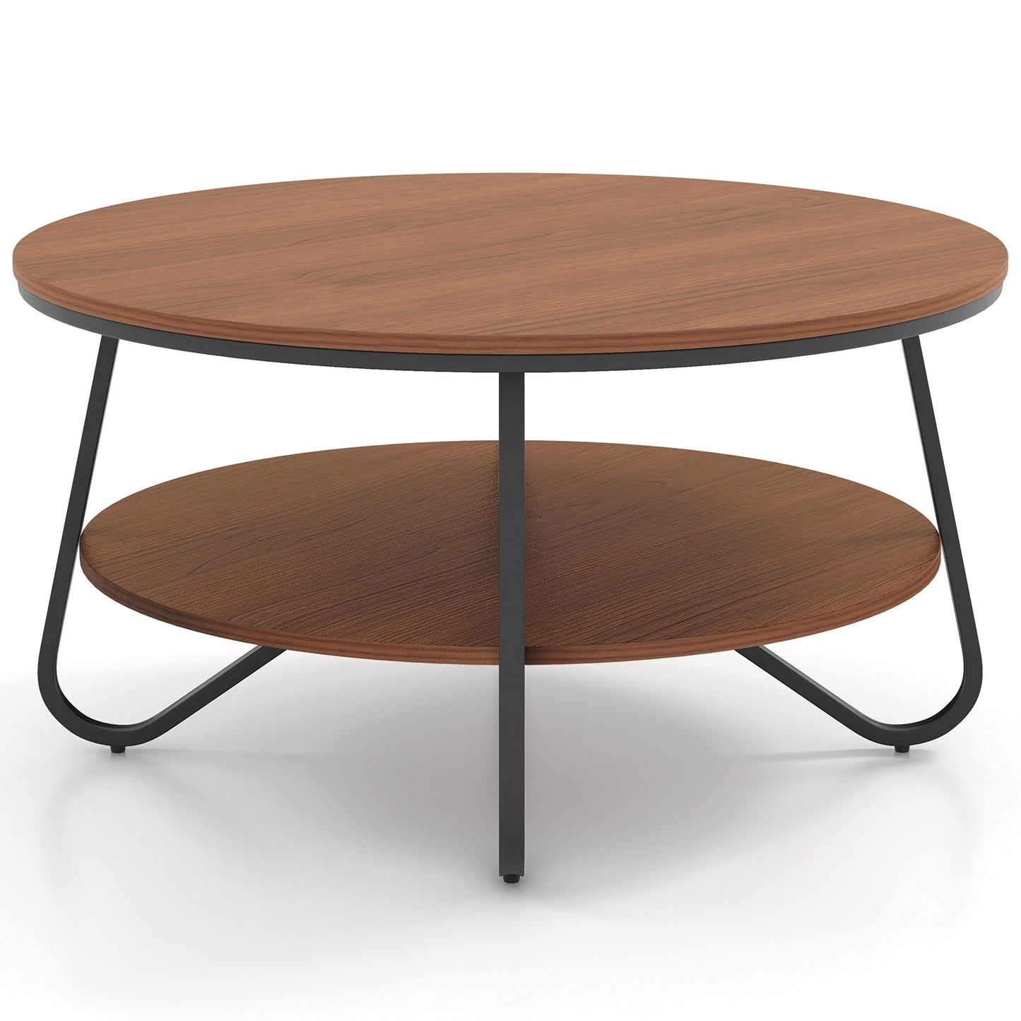 33.5 Inch Round Coffee Table with Wood Grain Finish and Heavy-duty Metal Frame, Walnut Coffee Tables Walnut at Gallery Canada