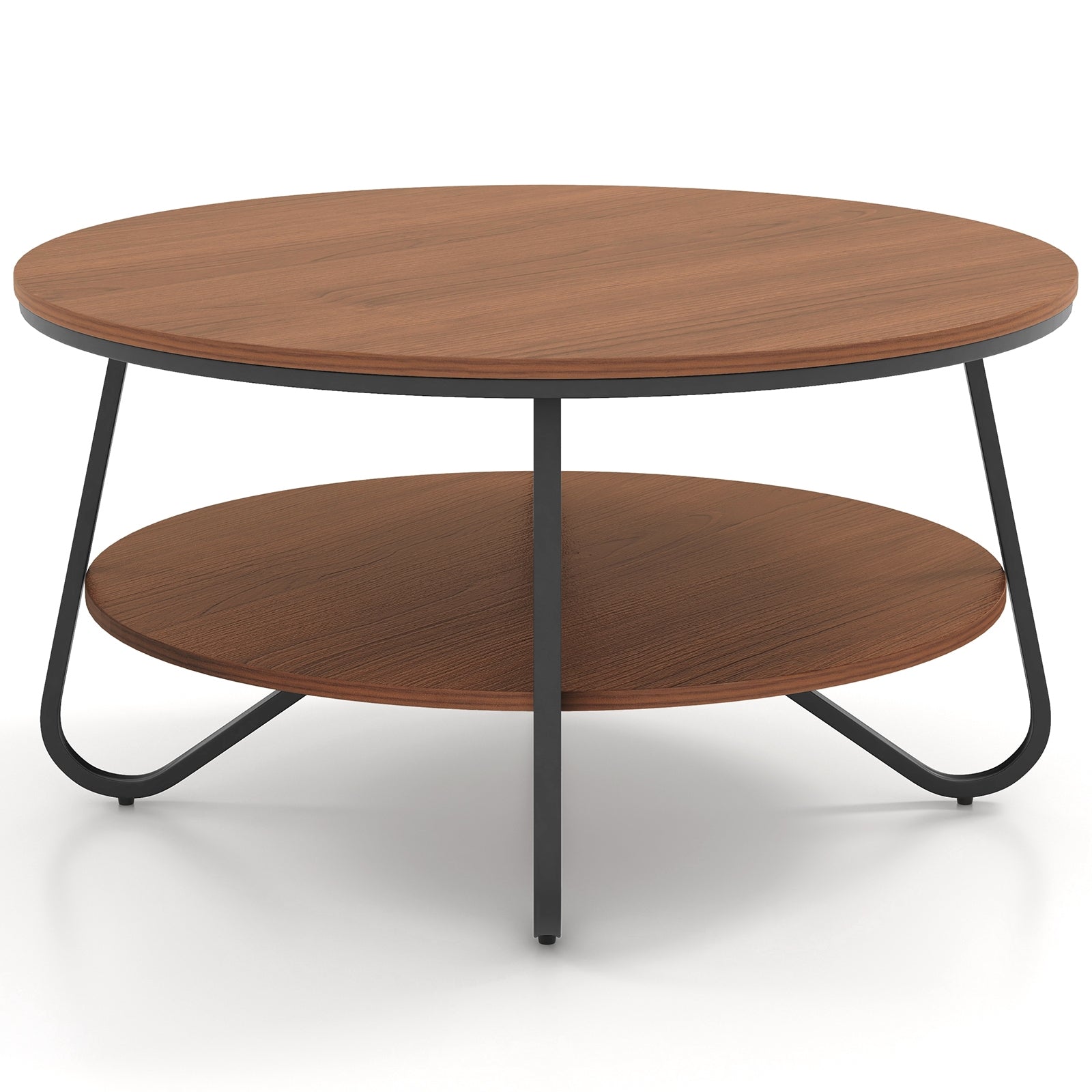 33.5 Inch Round Coffee Table with Wood Grain Finish and Heavy-duty Metal Frame, Walnut Coffee Tables Walnut at Gallery Canada