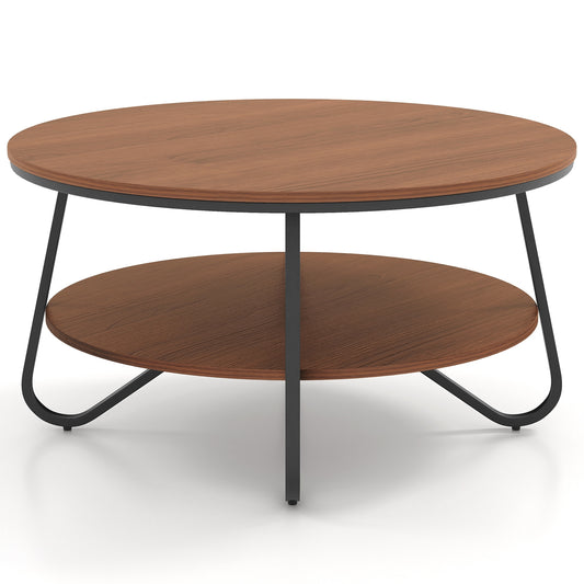 33.5 Inch Round Coffee Table with Wood Grain Finish and Heavy-duty Metal Frame, Walnut Coffee Tables Walnut at Gallery Canada