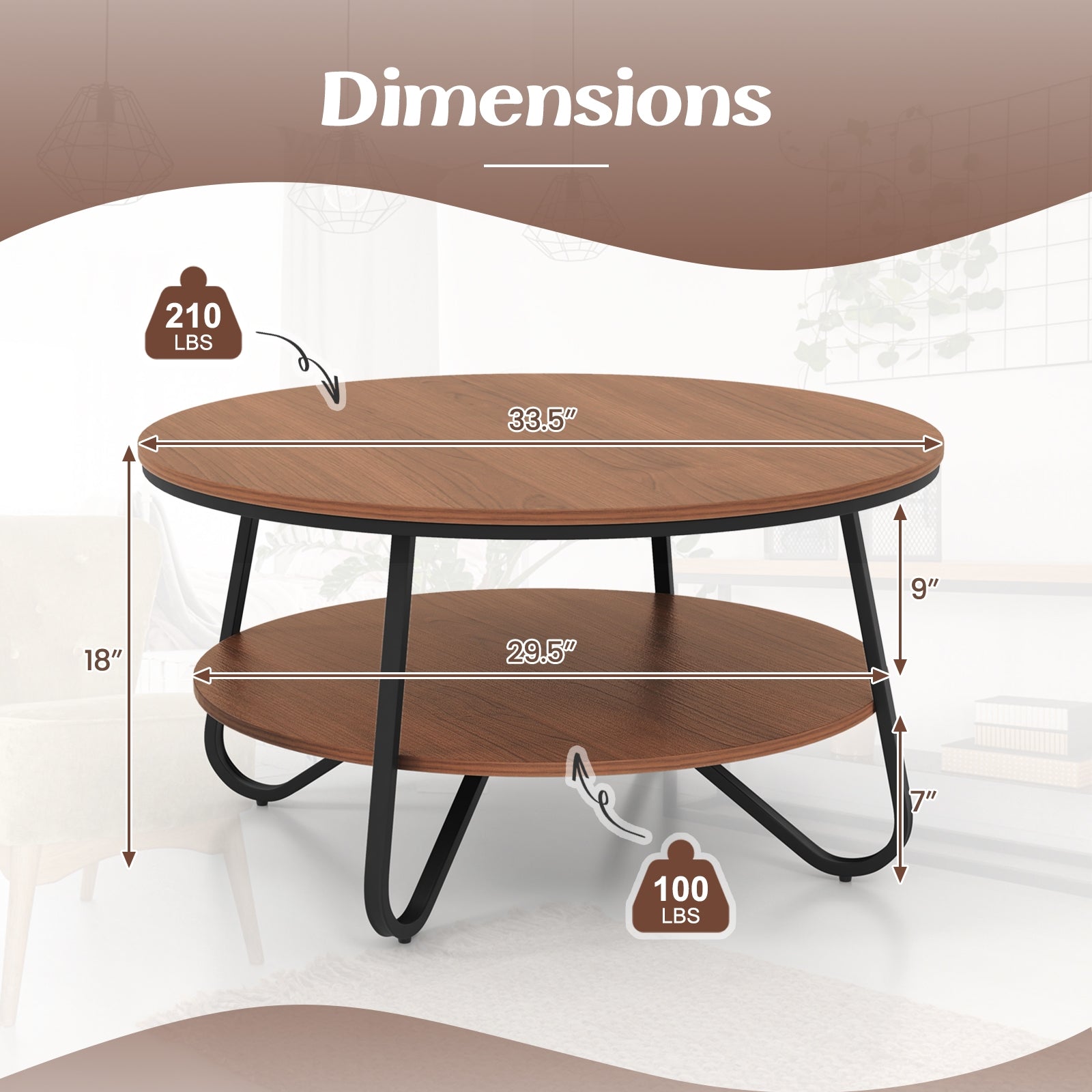 33.5 Inch Round Coffee Table with Wood Grain Finish and Heavy-duty Metal Frame, Walnut Coffee Tables at Gallery Canada