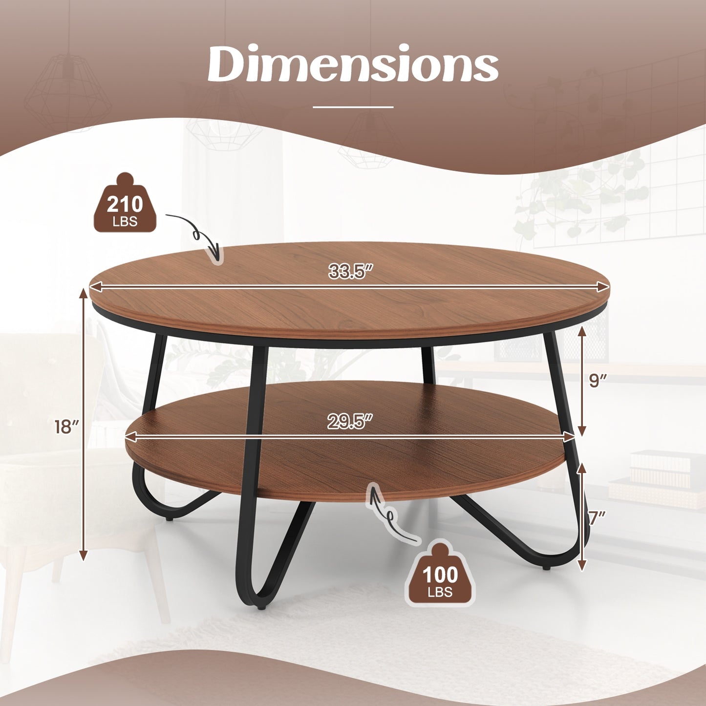 33.5 Inch Round Coffee Table with Wood Grain Finish and Heavy-duty Metal Frame, Walnut Coffee Tables at Gallery Canada