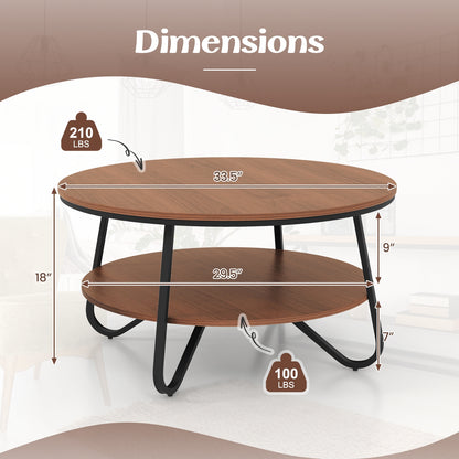 33.5 Inch Round Coffee Table with Wood Grain Finish and Heavy-duty Metal Frame, Walnut Coffee Tables at Gallery Canada