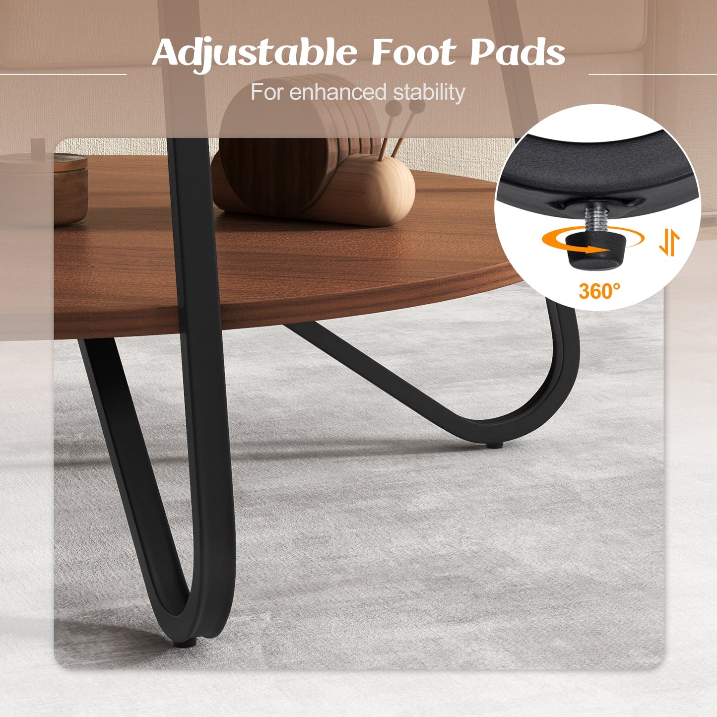 33.5 Inch Round Coffee Table with Wood Grain Finish and Heavy-duty Metal Frame, Walnut Coffee Tables at Gallery Canada