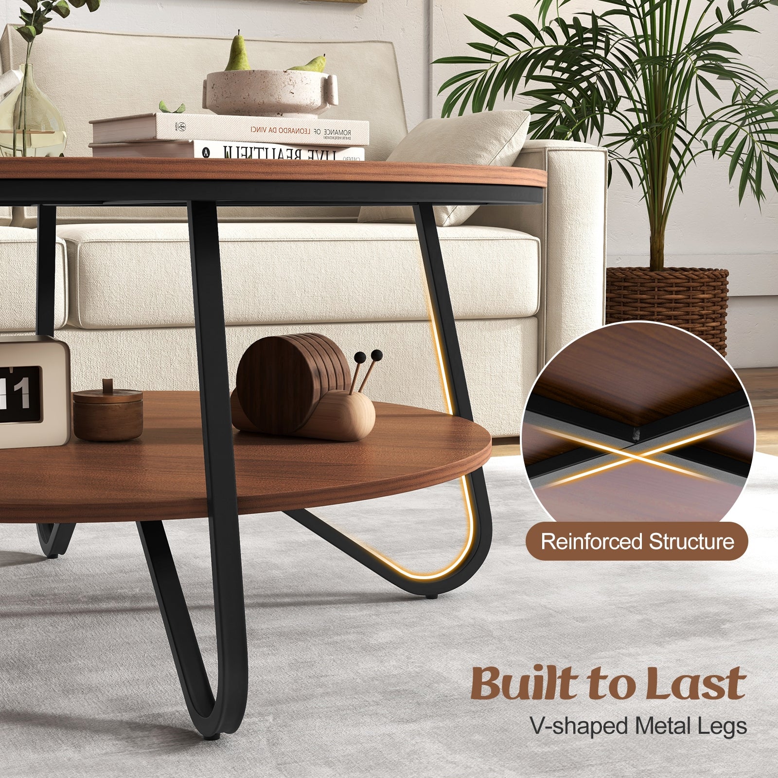 33.5 Inch Round Coffee Table with Wood Grain Finish and Heavy-duty Metal Frame, Walnut Coffee Tables at Gallery Canada