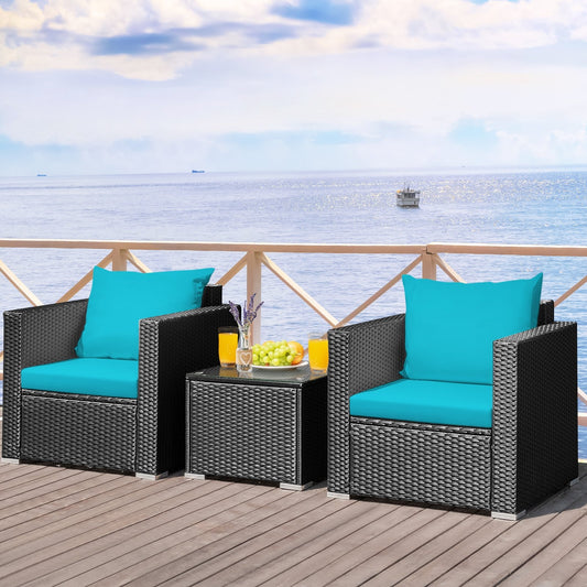 3 Pieces Patio Wicker Conversation Set with Cushion, Turquoise - Gallery Canada