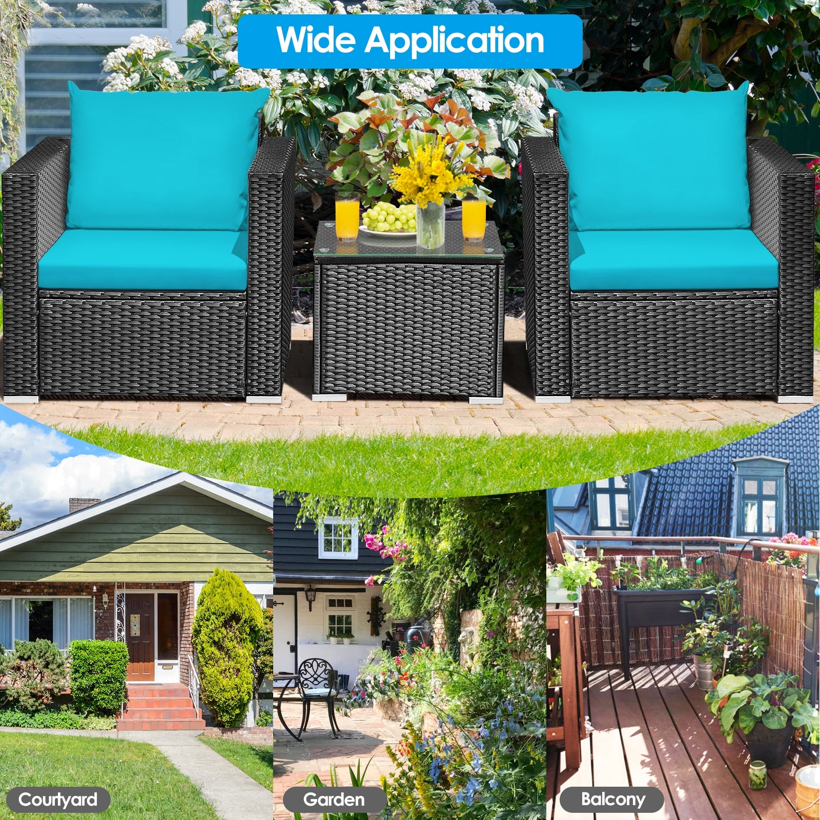 3 Pieces Patio Wicker Conversation Set with Cushion, Turquoise Patio Conversation Sets at Gallery Canada