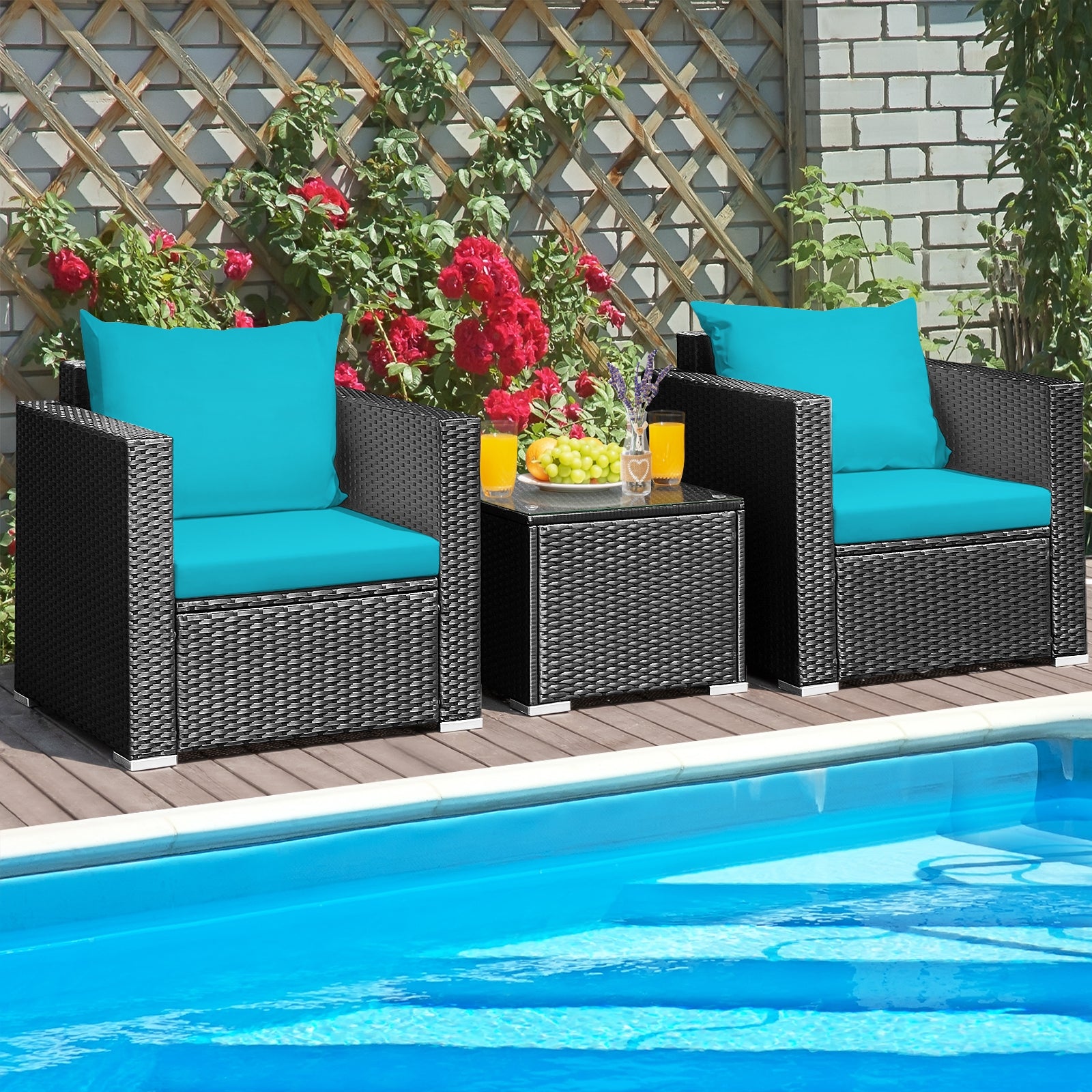 3 Pieces Patio Wicker Conversation Set with Cushion, Turquoise Patio Conversation Sets at Gallery Canada