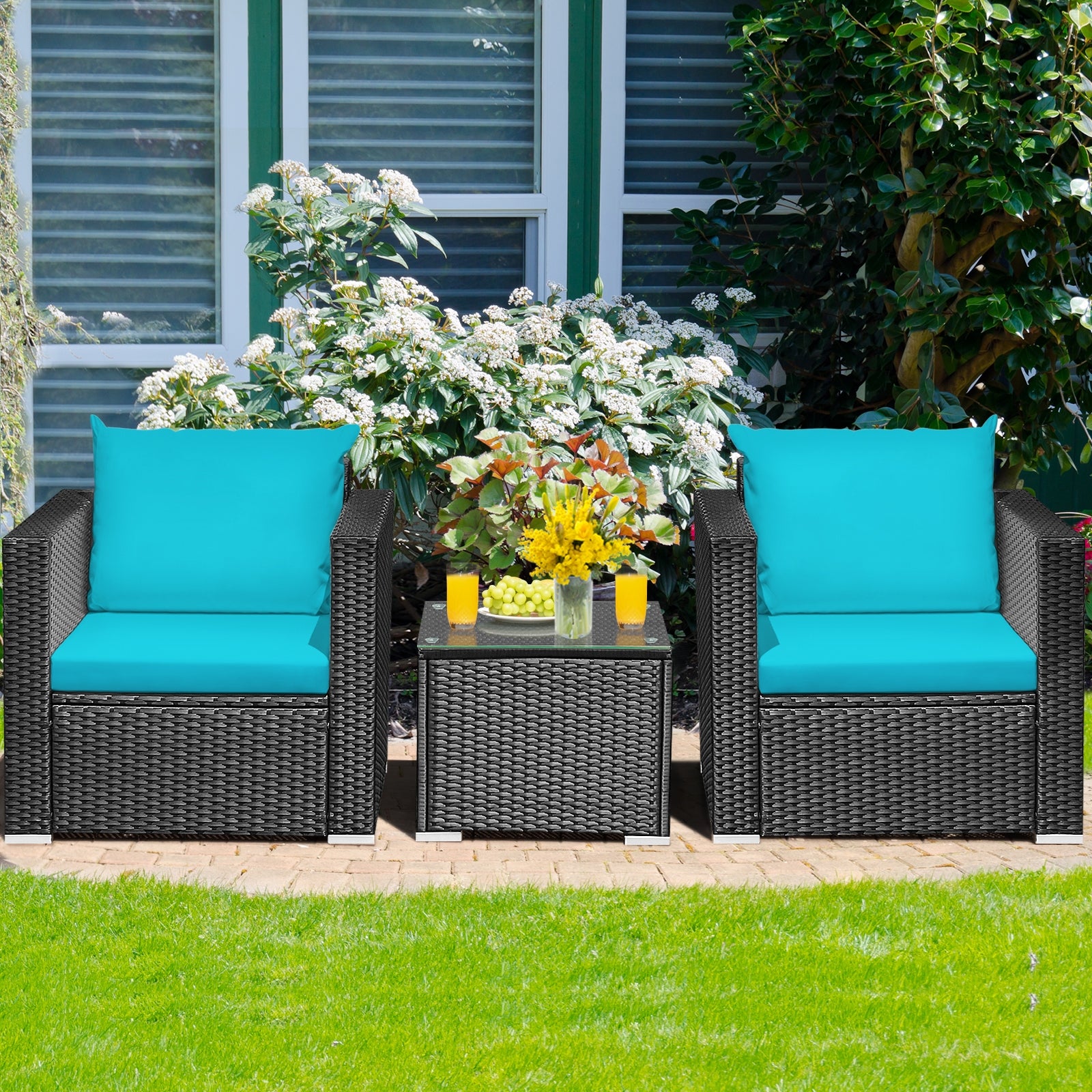 3 Pieces Patio Wicker Conversation Set with Cushion, Turquoise Patio Conversation Sets at Gallery Canada