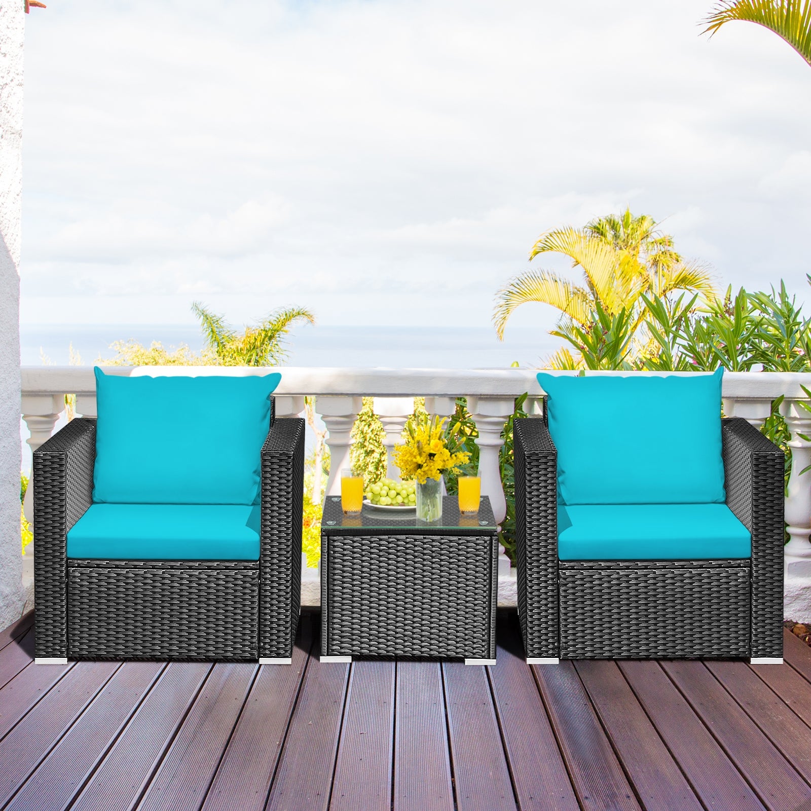 3 Pieces Patio Wicker Conversation Set with Cushion, Turquoise Patio Conversation Sets at Gallery Canada