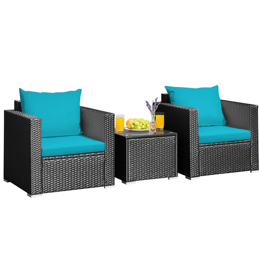 3 Piece Patio Wicker Conversation Set With Cushion, Turquoise