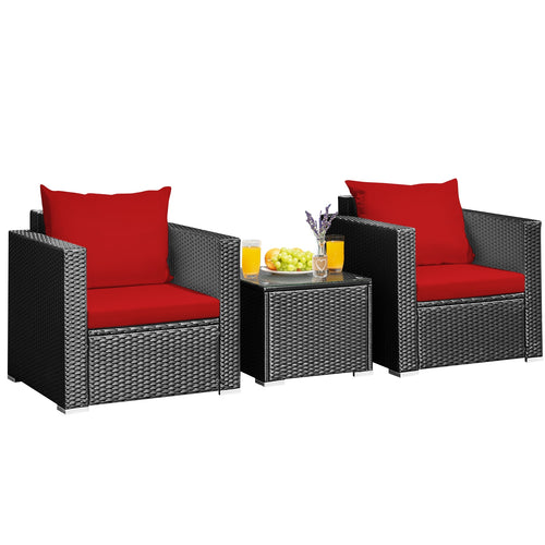 3-Piece Patio Wicker Furniture Set With Cushion, Red