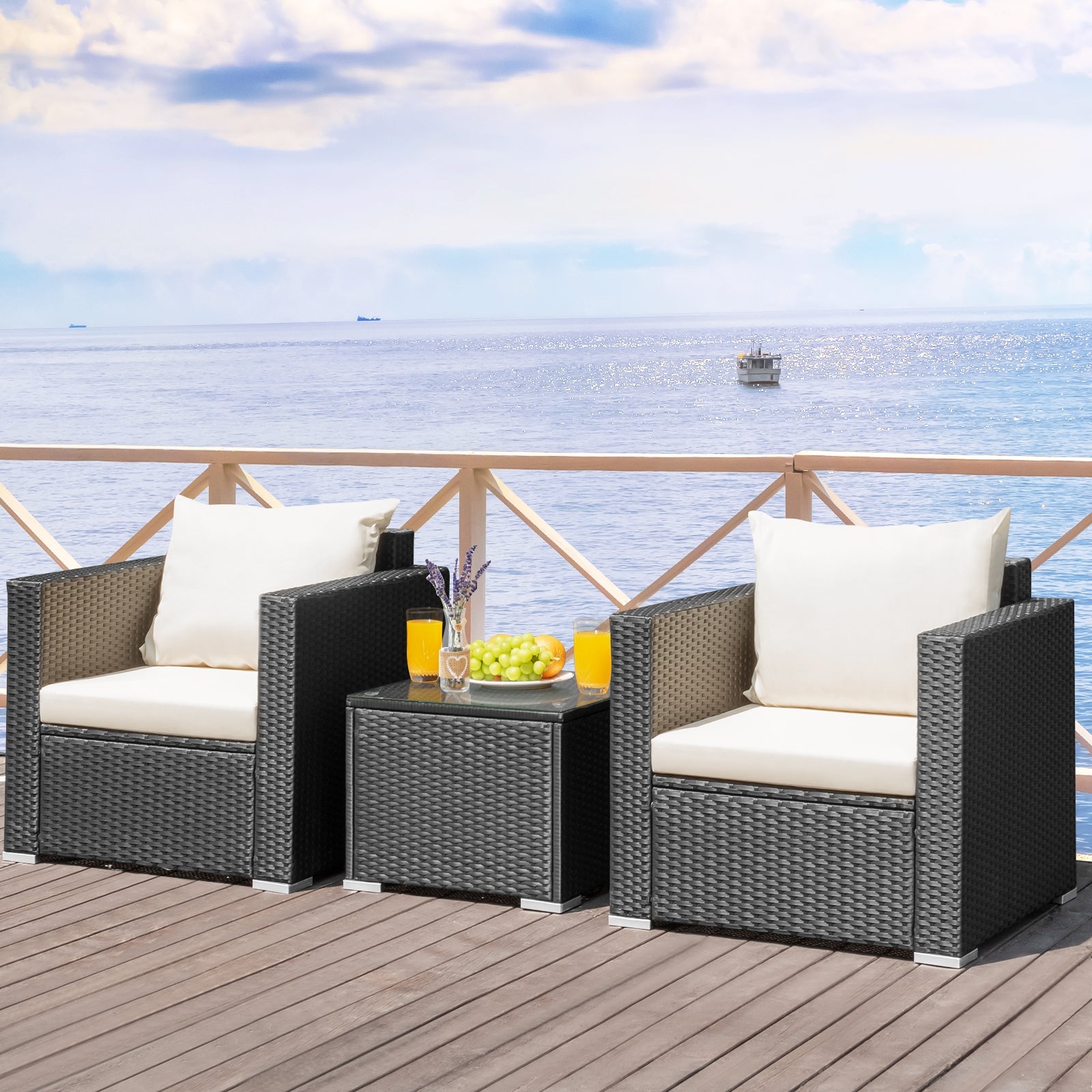 3 Pieces Patio wicker Furniture Set with Cushion, White Patio Conversation Sets at Gallery Canada