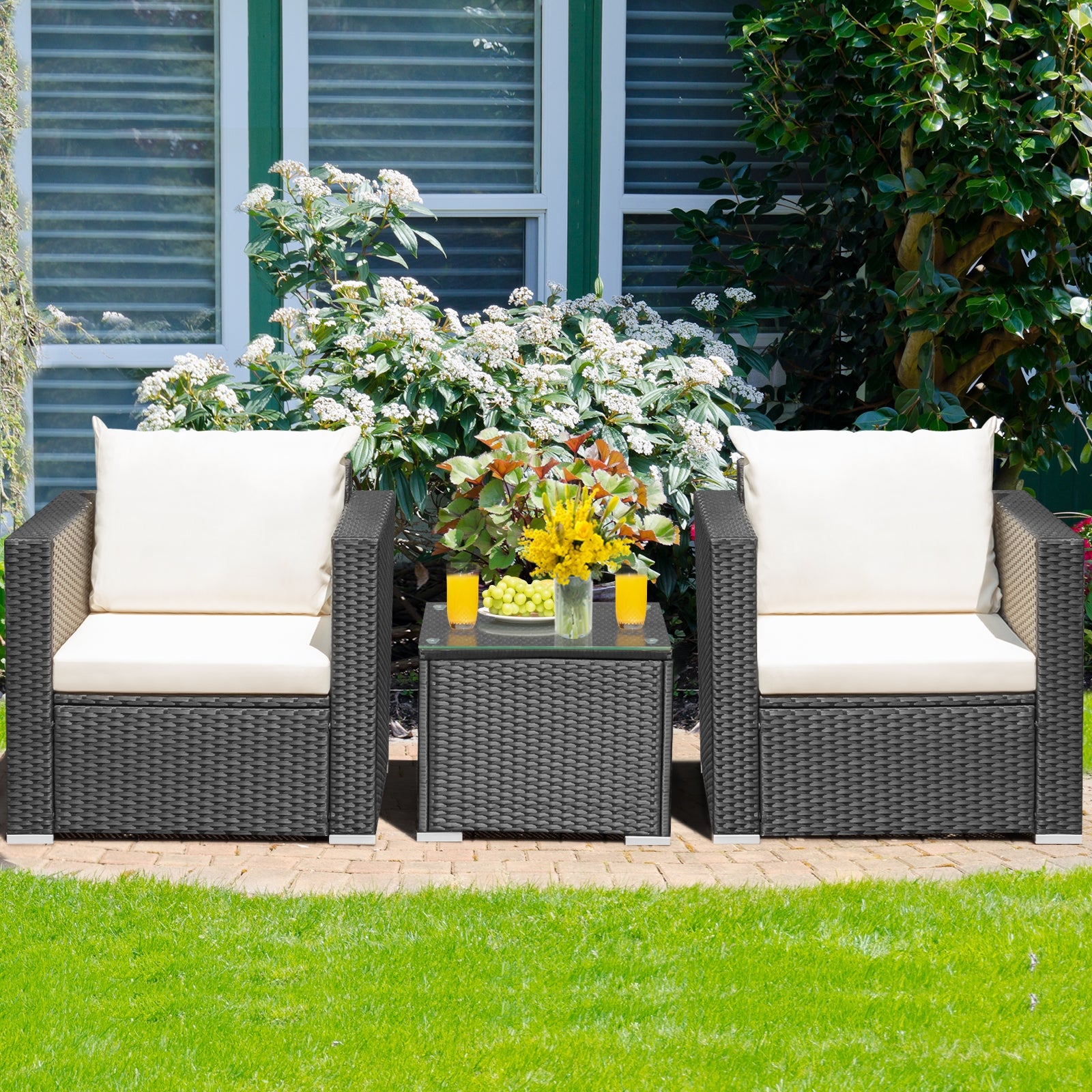 3 Pieces Patio wicker Furniture Set with Cushion, White Patio Conversation Sets at Gallery Canada