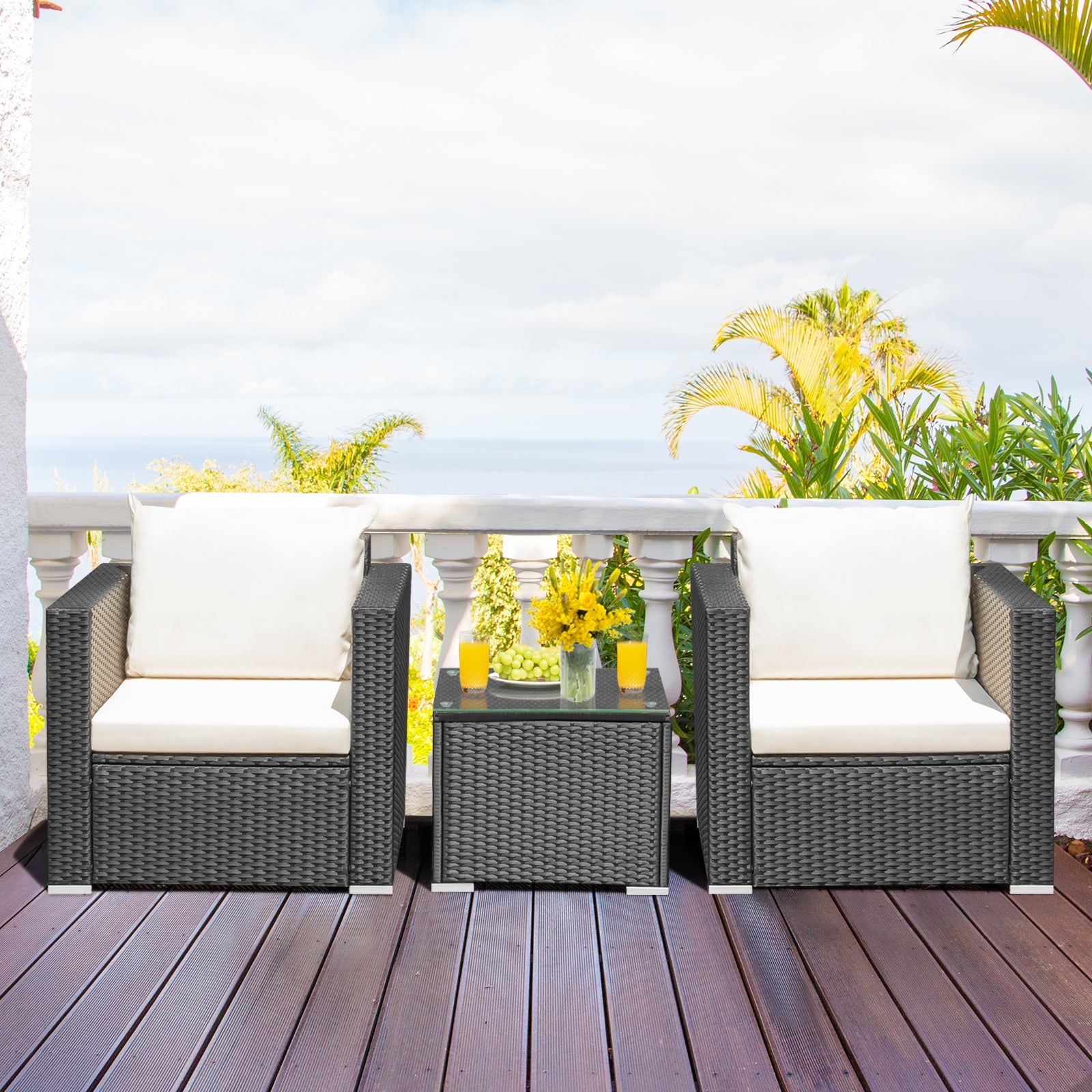 3 Pieces Patio wicker Furniture Set with Cushion, White Patio Conversation Sets at Gallery Canada