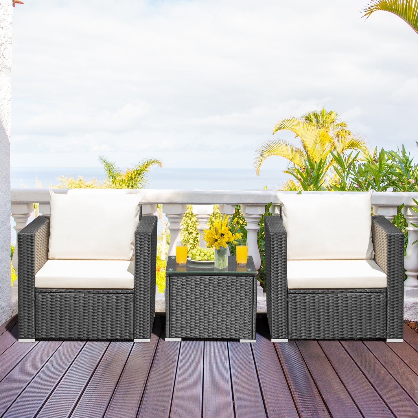 3 Pieces Patio wicker Furniture Set with Cushion, White Patio Conversation Sets at Gallery Canada